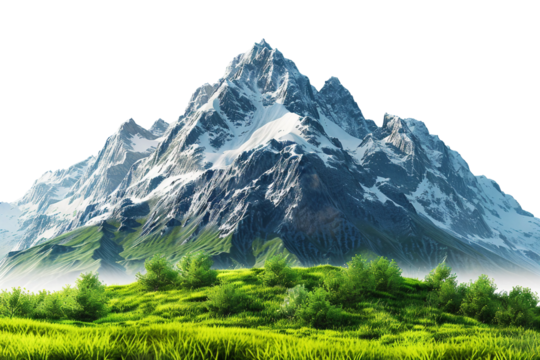 3d picturesque mountain range with fresh green grass isolated on transparent background