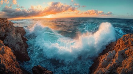 Fototapeta premium A breathtaking view of the ocean waves crashing against rugged rocks at sunset. The vibrant sky blends warm colors. This scenic landscape captures nature's beauty and energy. AI