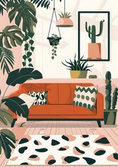 Living Room with Tropical Plants and Abstract Rug