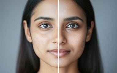 Female face before and after, from acne-prone to clear skin. Effect of skincare pimple treatment: benzoyl peroxide, salicylic acid, retinol, laser therapy.