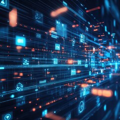 A dynamic representation of digital transformation, with technology icons and data flowing across a virtual landscape