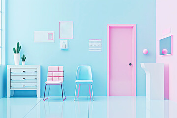 Minimalist health clinic interior featuring sleek furniture and vibrant pastel colors, creating calm and inviting atmosphere for visitors