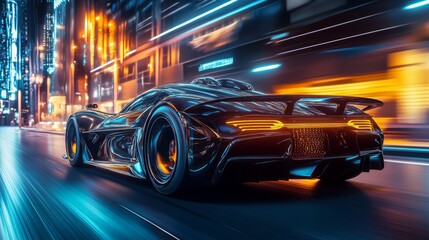 Naklejka premium Urban Nightscape - A Dynamic Backview Shot of a Luxurious Supercar Gliding Through the City at Night.