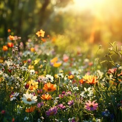 Obraz premium A field of flowers blossoming under warm sunlight, capturing the essence of spring's beauty and renewal