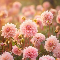 Fototapeta premium A field of pink dahlias, with their soft, pastel hues creating a calming and beautiful floral scene