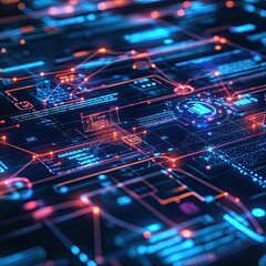 Fototapeta premium A futuristic image showing digital transformation in action, with glowing lines connecting various tech devices and data points