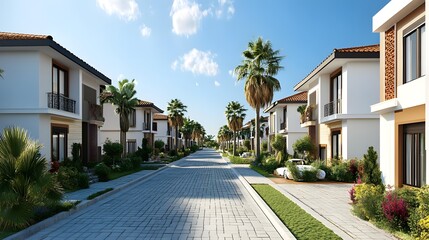 Fototapeta premium Beautiful Residential Area with Palm Trees and a Cobblestone Street