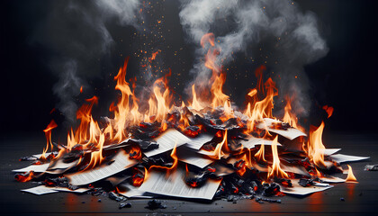 documents burning in fire on a dark background