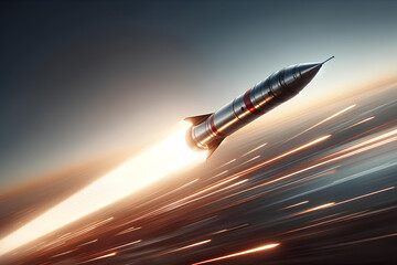 a flying rocket with a bright trail or exhausted plume