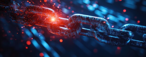 A close-up of a chain, symbolizing control and security in blockchain technology. The background is filled with digital numbers representing data flow