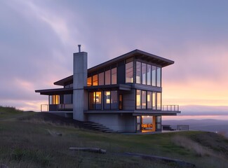 Fototapeta premium Modern House with Large Windows in a Hilltop Setting at Sunset