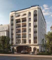 Obraz premium Luxury Apartment Building With Balconies and Arched Entrance