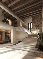 Obraz premium Modern Interior Design with Stone Wall and Wooden Beams