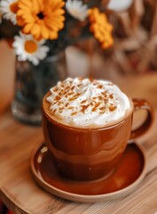 Closeup of a Cup of Coffee with Whipped Cream and Caramel Drizzle