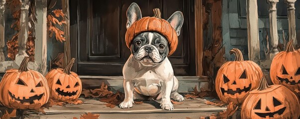French Bulldog as a pumpkinheaded creature, sitting on a porch surrounded by eerie jackolanterns