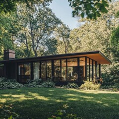 Fototapeta premium A mid-century modern house with expansive windows, surrounded by lush greenery and clean architectural lines