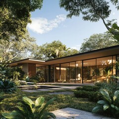 Naklejka premium A mid-century modern house with expansive windows, surrounded by lush greenery and clean architectural lines