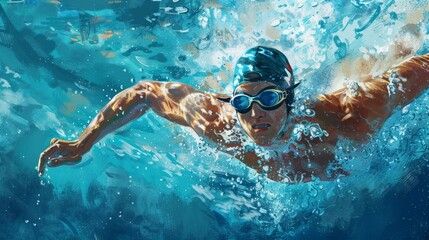 Competitive Swimmer in Action: Mid-Race Strength and Speed in Vibrant Pool Scene