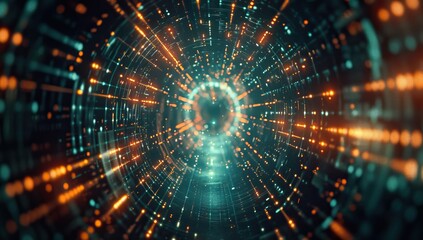 Obraz premium Abstract futuristic background tunnel with orange and black glowing neon moving high speed wave lines