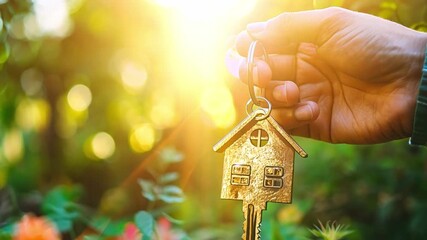 Hand grips a house-shaped key while vibrant flowers and foliage are softly illuminated by the setting sun. - Powered by Adobe