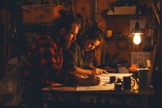 Dedicated Couple Building DIY Cupboard in Cozy Garage Under Warm Ambient Lighting - Perfect for DIY Inspiration Posters