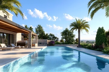 Modern Villa With Swimming Pool and Palm Trees in Sunny Landscape