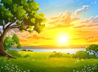 Beautiful Sunset Over Green Meadow And Lake