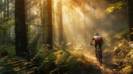 Obraz premium Cyclist Riding Through Sunlit Forest Trail - Adventure, Nature, Exercise, Outdoor Photography