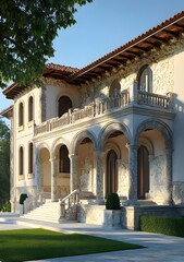 Classic Stone Mansion Entrance with Arched Columns