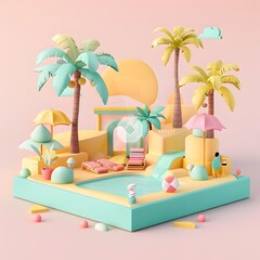 Obraz premium 3D Illustration of a Tropical Island with a Pool and Palm Trees