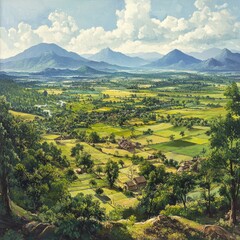 A panoramic view of the Indian countryside, with lush green fields, traditional villages, and distant mountain ranges