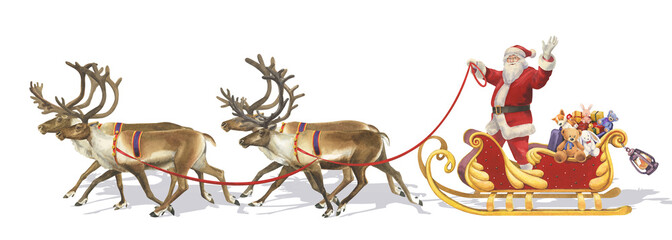 Watercolor Santa Claus in a sleigh with reindeer and Christmas gifts