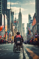 Obraz premium Disabled Athlete Competing in Marathon with City Skyline and Cheering Crowd in Vibrant Urban Setting