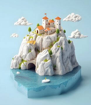 Low Poly Castle on an Island with Clouds