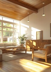 Fototapeta premium Modern Living Room Design With Wood Accent Walls and Natural Light