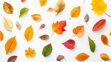 Obraz premium Autumn's Tapestry - A Colorful Display of Fallen Leaves on a White Canvas from a Top View.