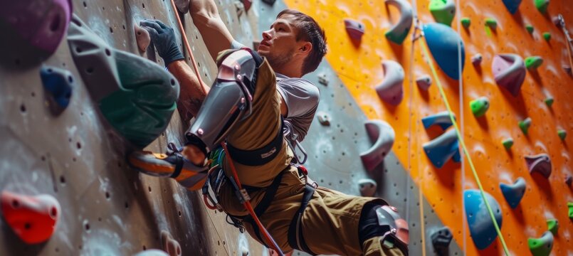 Determined Disabled Athlete with Prosthetic Climbing in Colorful Indoor Gym