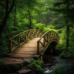 A rustic wooden bridge spanning a stream in the middle of a lush green forest, creating a tranquil nature scene
