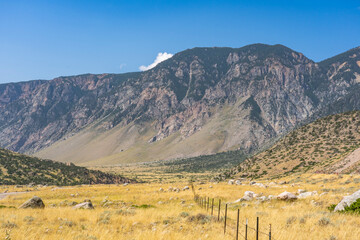 This shows the end of the road for Clarks Fork Canyon in Clark, Wyoming. See glacial moraine, grey...