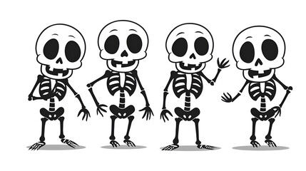 Happy Halloween, Cartoon Skeletons on Halloween Simple Line Draw, Isolated white background.