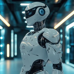 A sleek, futuristic AI humanoid robot standing in a high-tech environment, symbolizing the advancement of robotics