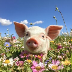 A small, cheerful piglet playing in a field of wildflowers, with a bright blue sky overhead