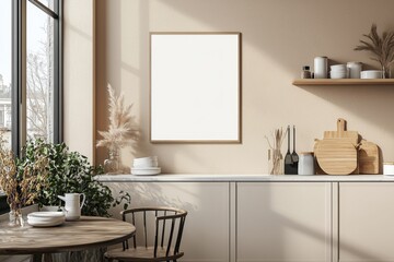 Minimalist Kitchen interior with Poster Mockup created with Generative AI