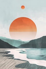 Fototapeta premium Abstract Minimalist Sunset Illustration With Mountains and Beach