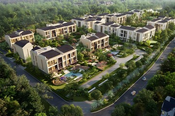 Fototapeta premium Aerial View of a Modern Residential Community with Lush Greenery and a Swimming Pool