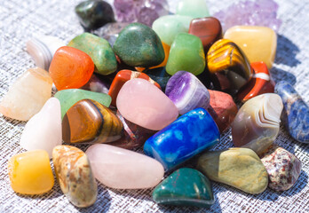 Semi-precious multi-colored stones, minerals close-up. Mineralogy. Collection of minerals.