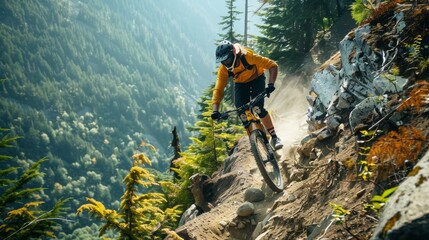 Mountain Biker Navigating Steep Rocky Trail in Rugged Forest Environment