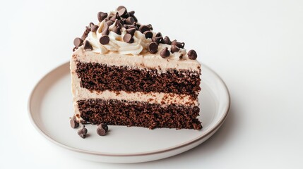 Piece of chocolate cake with vanilla cream and chocolate chips on white background. Tasty dessert served on a plate