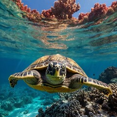Fototapeta premium Realistic photo of a turtle in the sea with a beautiful coral reef background.