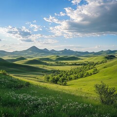 Obraz premium A wide-angle shot of a green savannah, with rolling hills and distant mountains under a bright sky